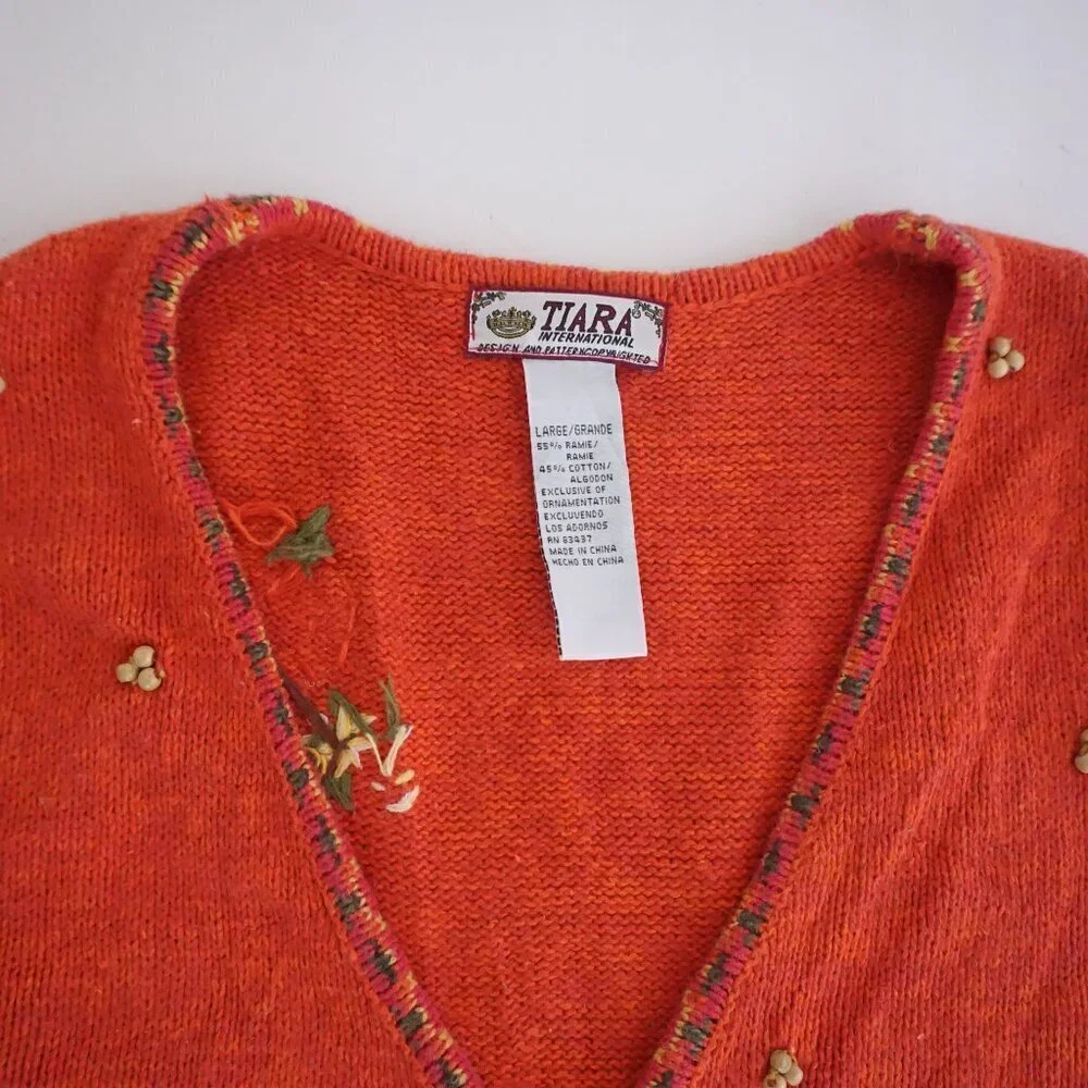 Vintage Tiara Orange Embroidered Pumpkin Harvest Halloween Folk Art Zip Vest L - Picture 4 of 9